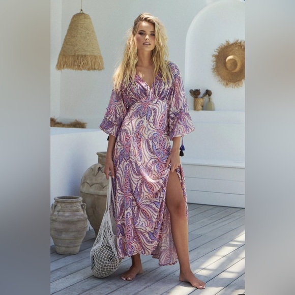 Free People l 12 Mirage Paisley Tassels Plunge V-Neck Boho Full Skirt Maxi Dress - Picture 4 of 11
